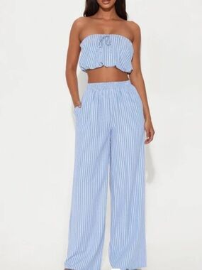 Fashion Nova Blue Striped Strapless Pants Set